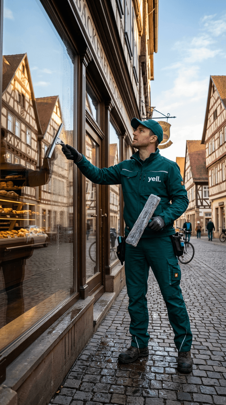 Professionelle Fensterreinigung an einem Geschäft in Fürth