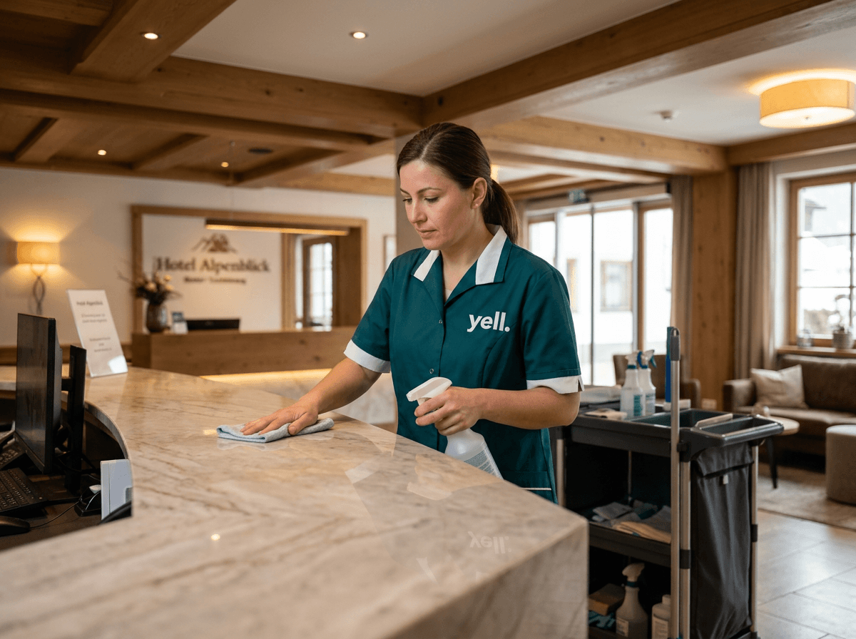 Saubere Hotellobby mit Blick auf die historische Altstadt von Rothenburg ob der Tauber
