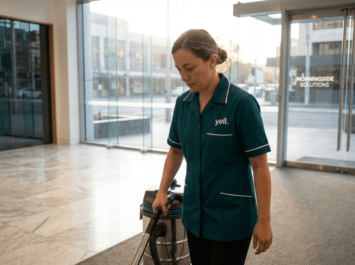 Professionelle Gebäudereinigung in einer Bürolobby in Würzburg