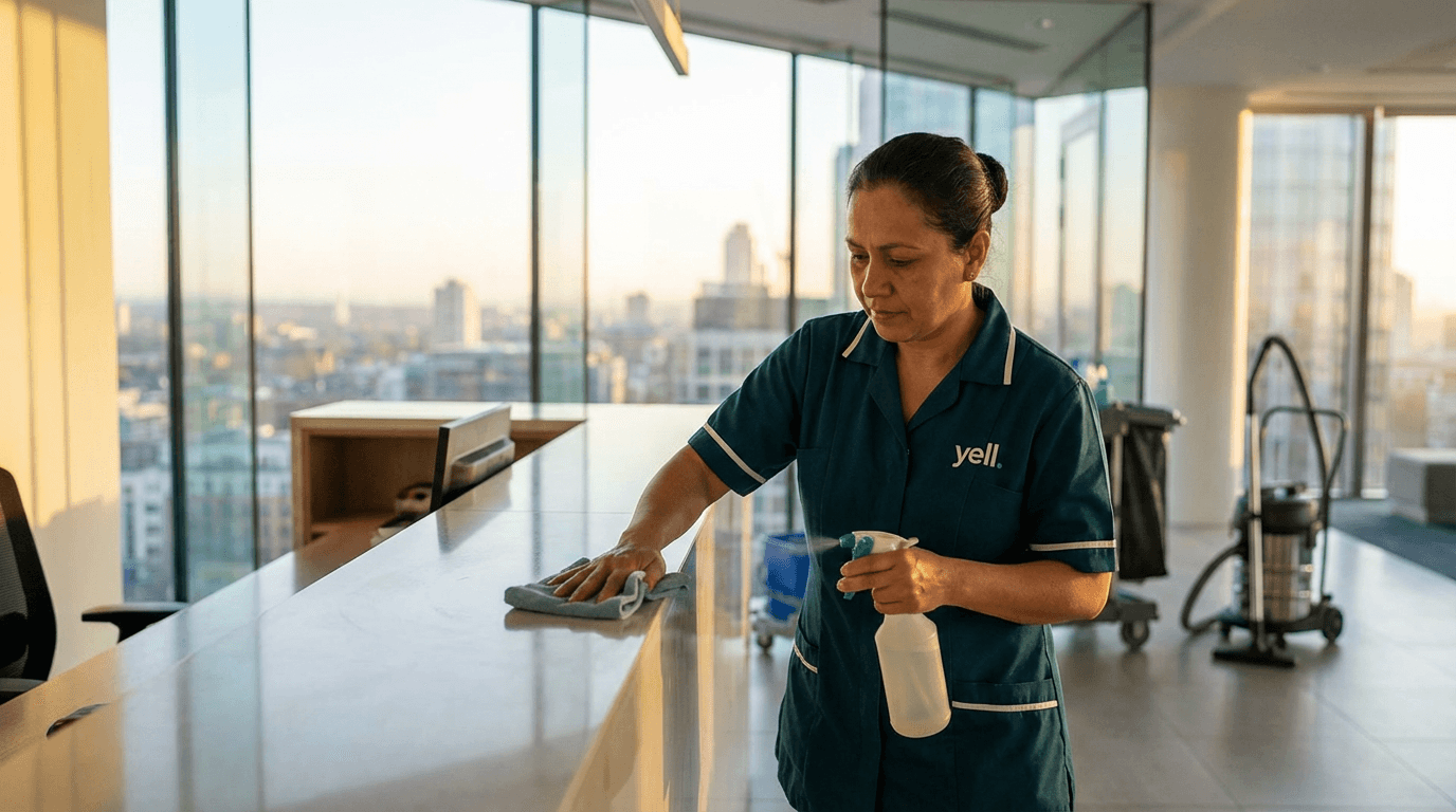 Professionelle Büroreinigung in Gunzenhausen – Reinigungskraft bei der Arbeit in einem modernen Bürogebäude