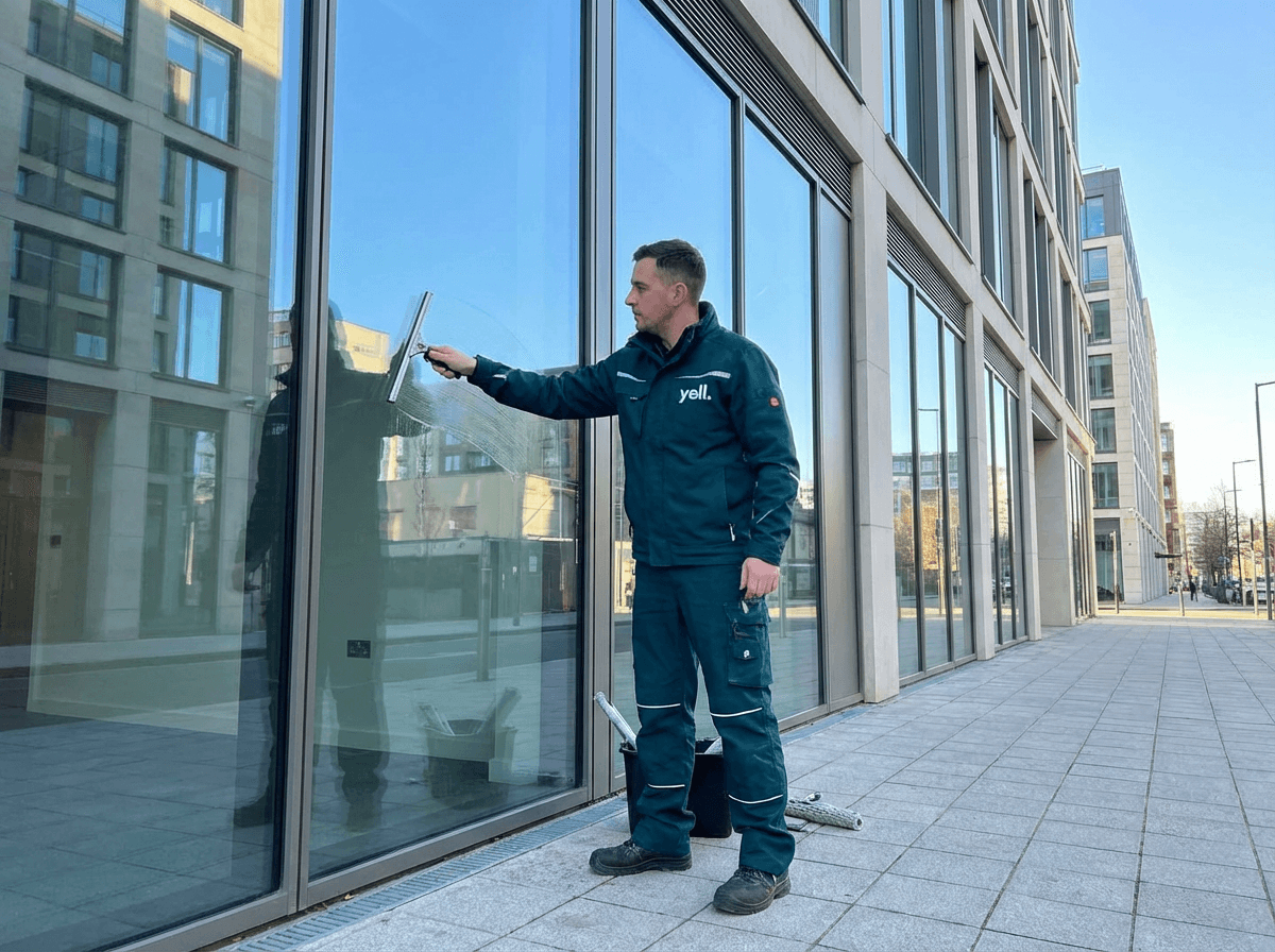 Glasreinigung an einem Bürogebäude in Würzburg durch yell. services