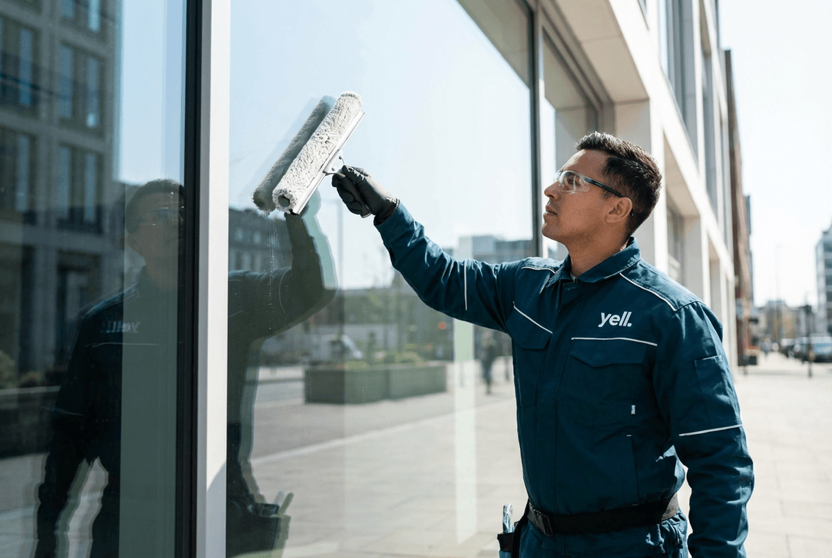 Professionelle Glasreinigung an Bürofenstern im Gewerbegebiet