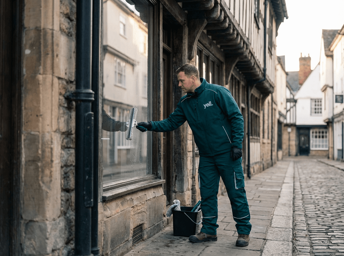 Professionelle Fensterreinigung an einem historischen Fachwerkhaus in Rothenburg ob der Tauber