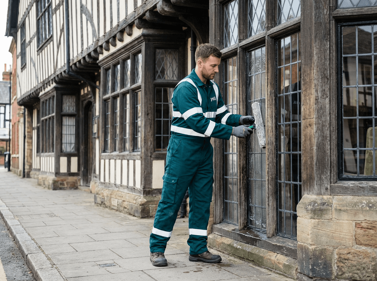 Fensterreinigung an einem historischen Fachwerkgebäude in Rothenburg ob der Tauber