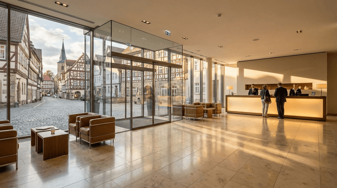 Saubere Hotellobby mit Blick auf die historische Altstadt von Rothenburg ob der Tauber