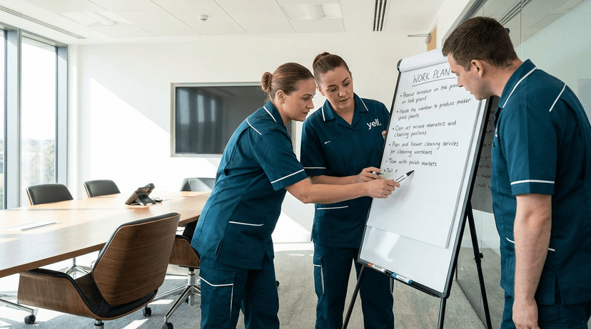 yell. services Reinigungsteam bei der Einsatzbesprechung