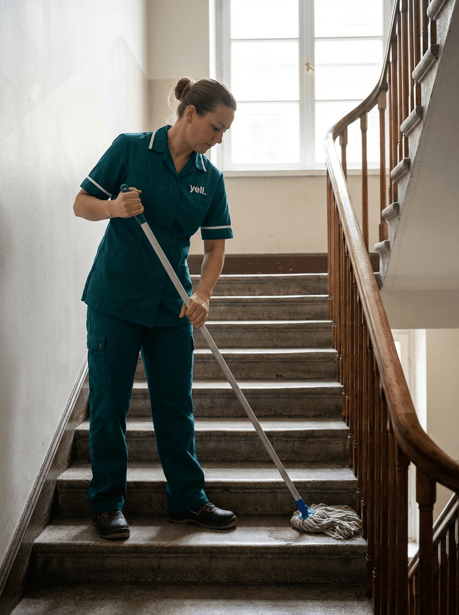 Professionelle Treppenhausreinigung in einem historischen Gebäude in Rothenburg ob der Tauber