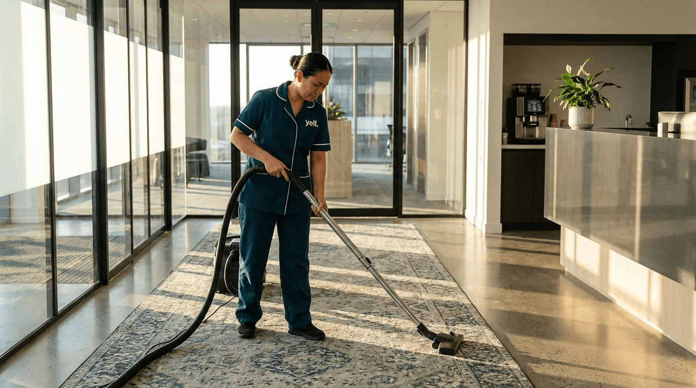 Professionelle Unterhaltsreinigung in einer modernen Bürolobby in Erlangen